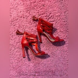 Betsey Johnson Y2K Candy Apple Red Stilettos high heels  open toe zip 7.5